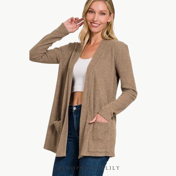 NWT Zenana Heather Ribbed Open Front Cardigan Sweater | Sz Small | Mocha Brown - Picture 1 of 4